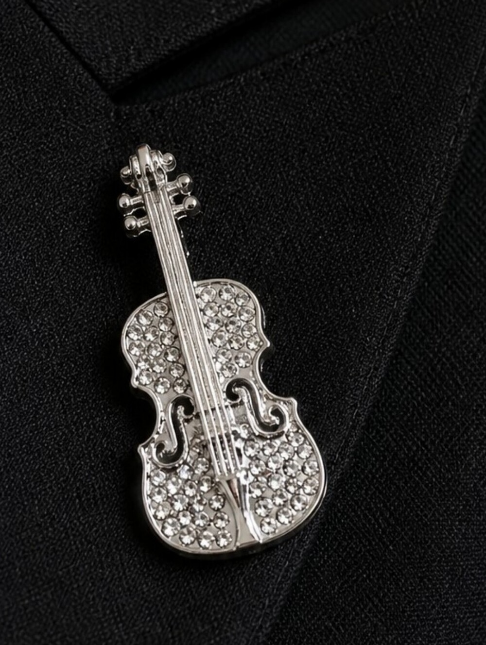 Violin Brooch Silver Crystal Rhinestone 2" Orchestra Music Teacher Violinist Pin